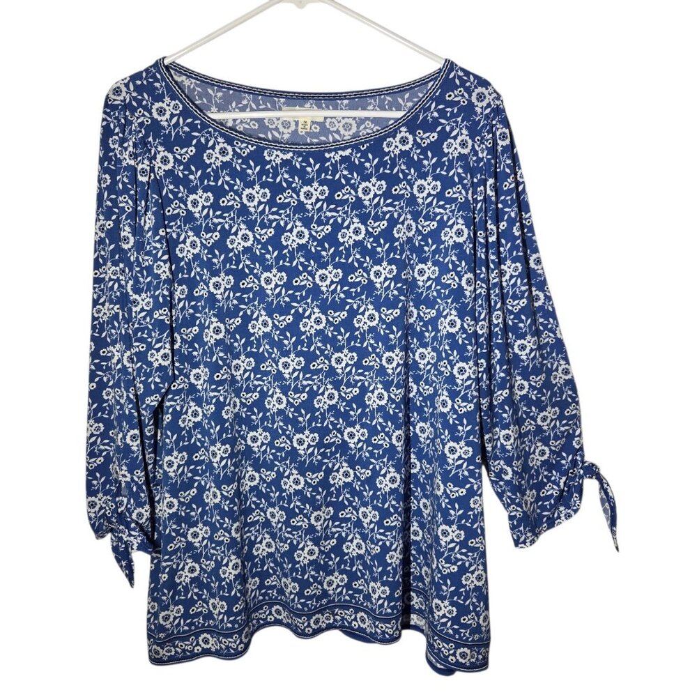 Max Studio Blue White Floral 3/4-Sleeve Pullover‎ Boat Neck Top Stretchy 1X